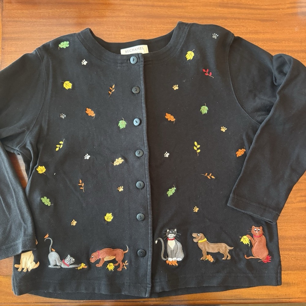 90's Bechamel Fall Cardigan Petite Medium Black Embroidered Cat Dogs Leaves VTG